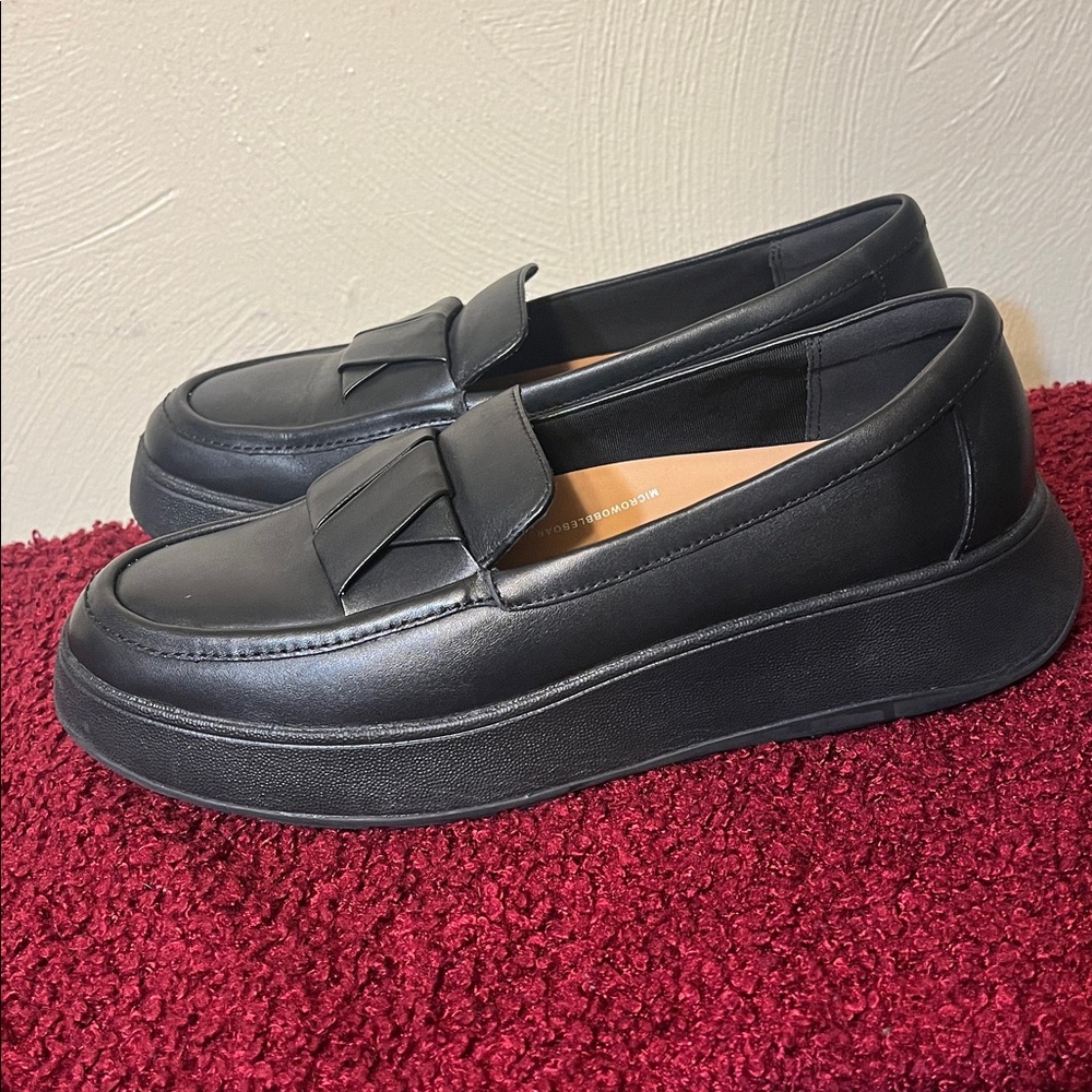 FitFlop F-MODE Folded Leather Flatform Loafers Black Chunky Platform Size 11
